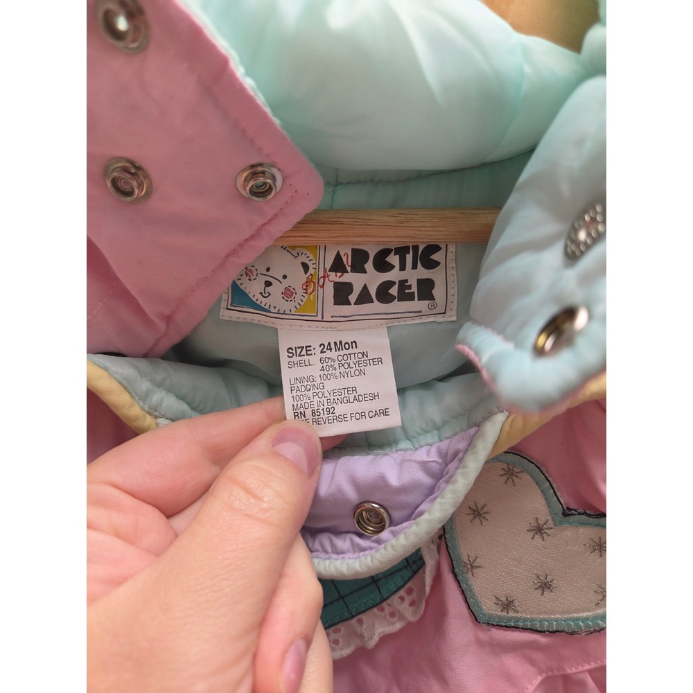 Vintage Arctic Racer Pastel Colorblock Heart Snowsuit Bunting Pink 24M - Picture 2 of 4